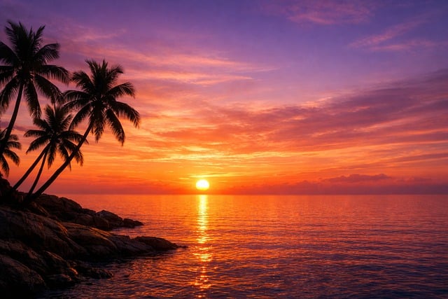 橙紫暮色漫过椰影浅滩 独享这段松弛的海边黄昏