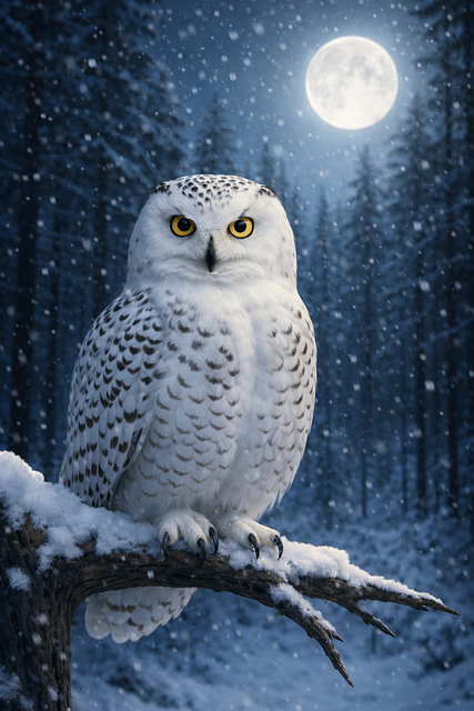 深冬雪夜林梢悬月:荒野冷寂间的暗夜猫头鹰栖居时刻