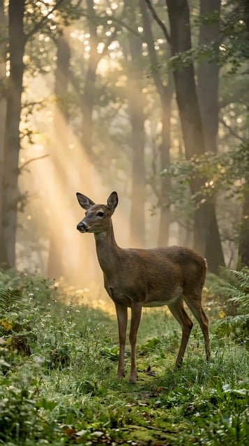 晨雾林隙的光斑里，偶遇林间母鹿的静谧时刻