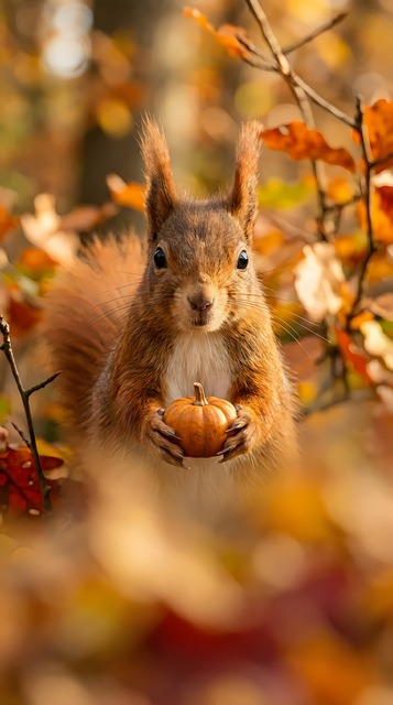 秋日林野间，松鼠与迷你小南瓜的暖柔瞬间