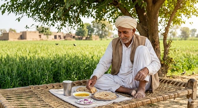 旁遮普麦田田埂边：农人在藤编躺床上享用传统午餐