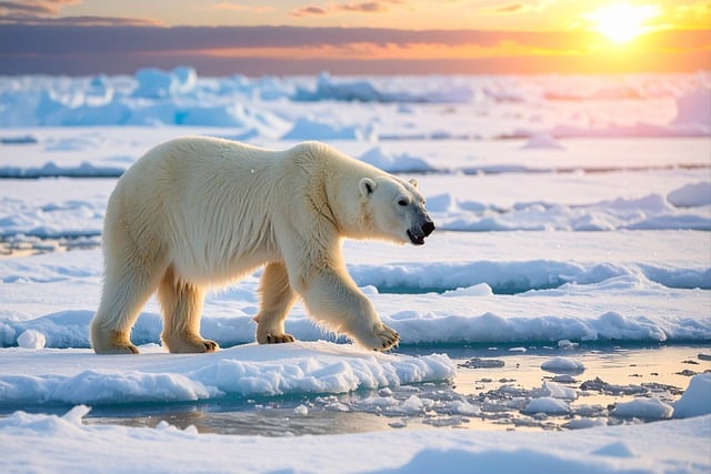 北极冬日黄昏：浮冰上的北极熊与极圈的霜色余温