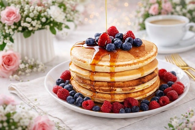 铺着白菊的早餐台，松饼堆藏着未留意的细碎暖意