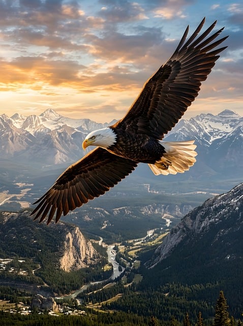 峰峦上空的白头海雕：翼尖流线与天光晕开的柔暖光影