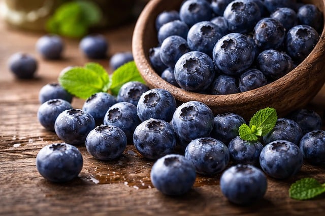 复古木碗装新鲜蓝莓配薄荷叶 夏日有机健康鲜果摆盘