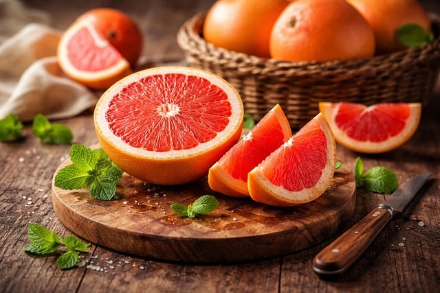 深色背景木质砧板西柚切片摆盘 健康饮食厨房美食场景