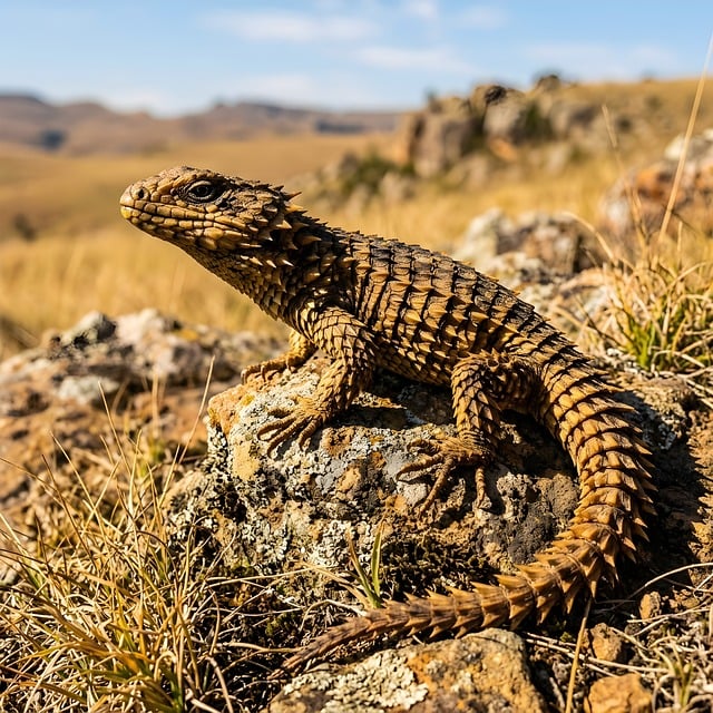 南非高草原初秋午后 晒暖的巨型环尾蜥与荒野日常