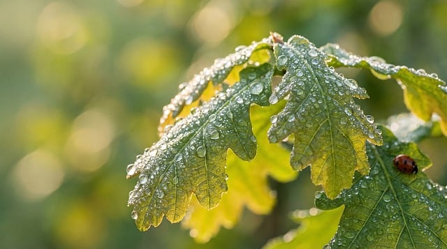 刚按下快门拍完这张带瓢虫的露叶特写 指尖还留着草叶的凉意