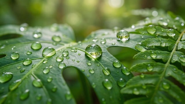 晨间热带阔叶上的露珠：微距视角下的细碎自然细节