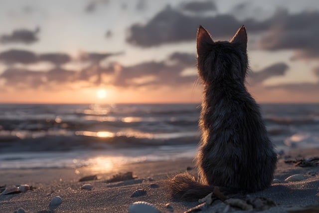 暮色海边的橘猫守着沙堆，我认出了它藏的那枚旧贝壳