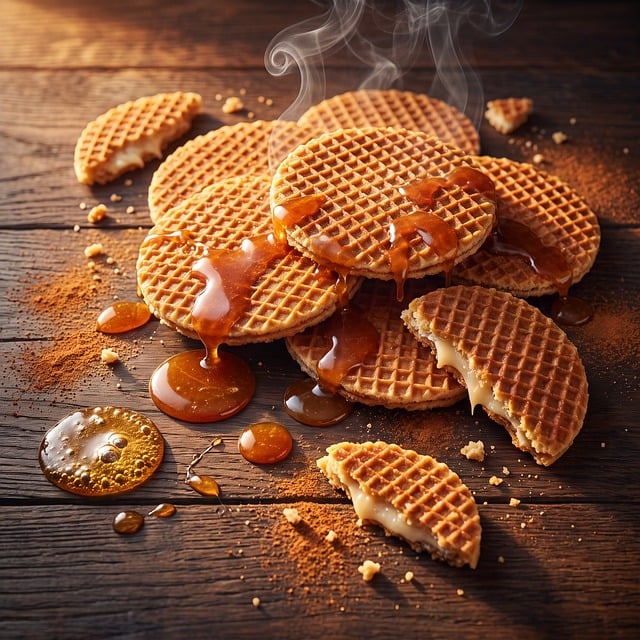微距视角下的热焦糖华夫饼：定格焦糖与木纹的细碎光影