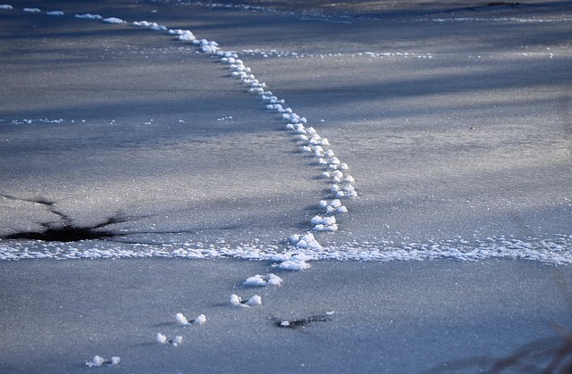 雪后驻步封冻的池塘边，指尖沾着细碎霜花的午后